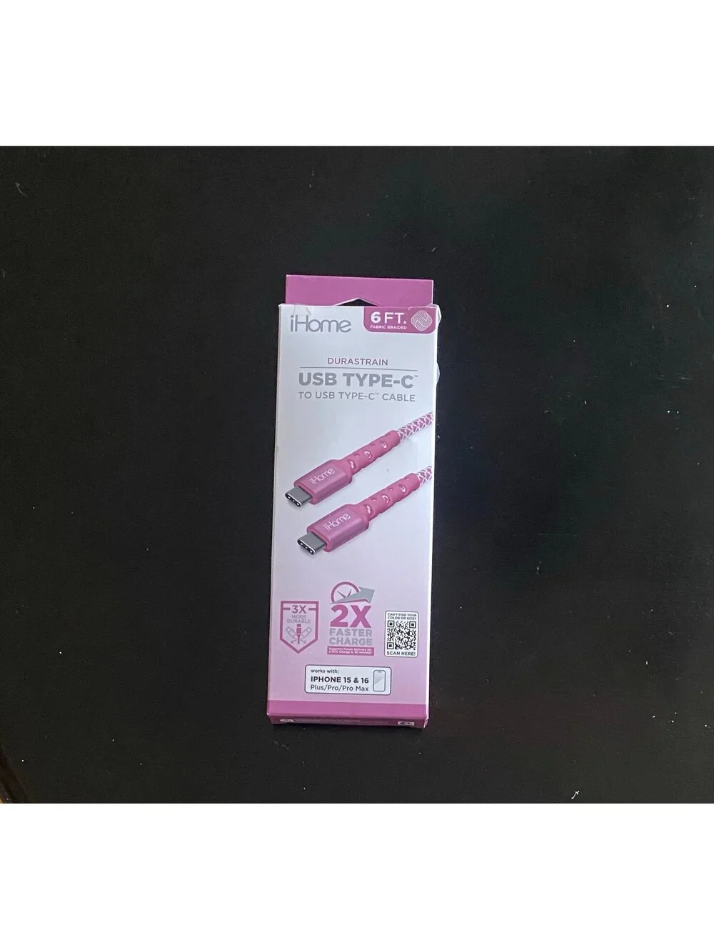 IHOME 6ft USB-C to USB-C Cable Nylon Braided with Cable Wrap Pink